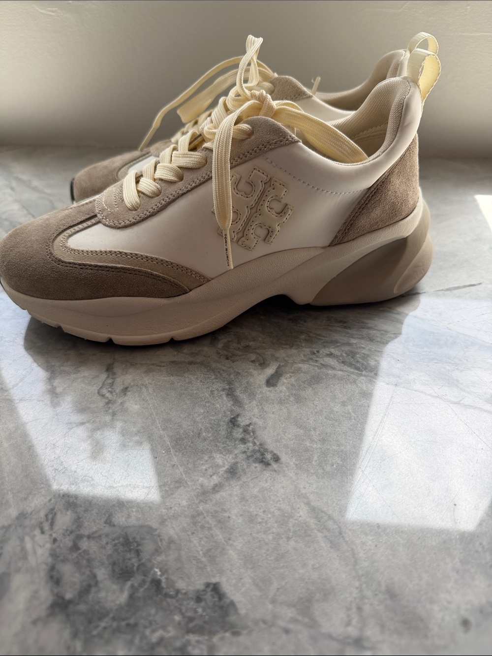 ✨never worn!✨Tory Burch Cream and Beige Chunky Leather & Suede Sneakers